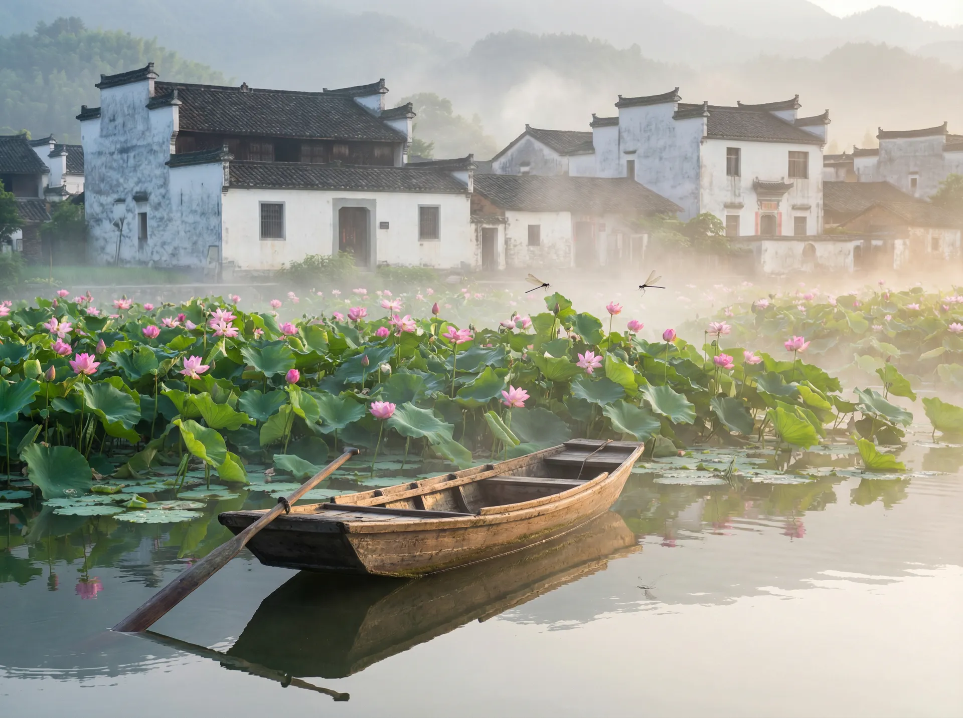 清晨荷塘小舟，粉色荷花盛开，白墙黑瓦的村庄 - 欧美大奶 水乡风情